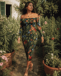Floral bloom print off-the-shoulder long sleeve dress, back view on model