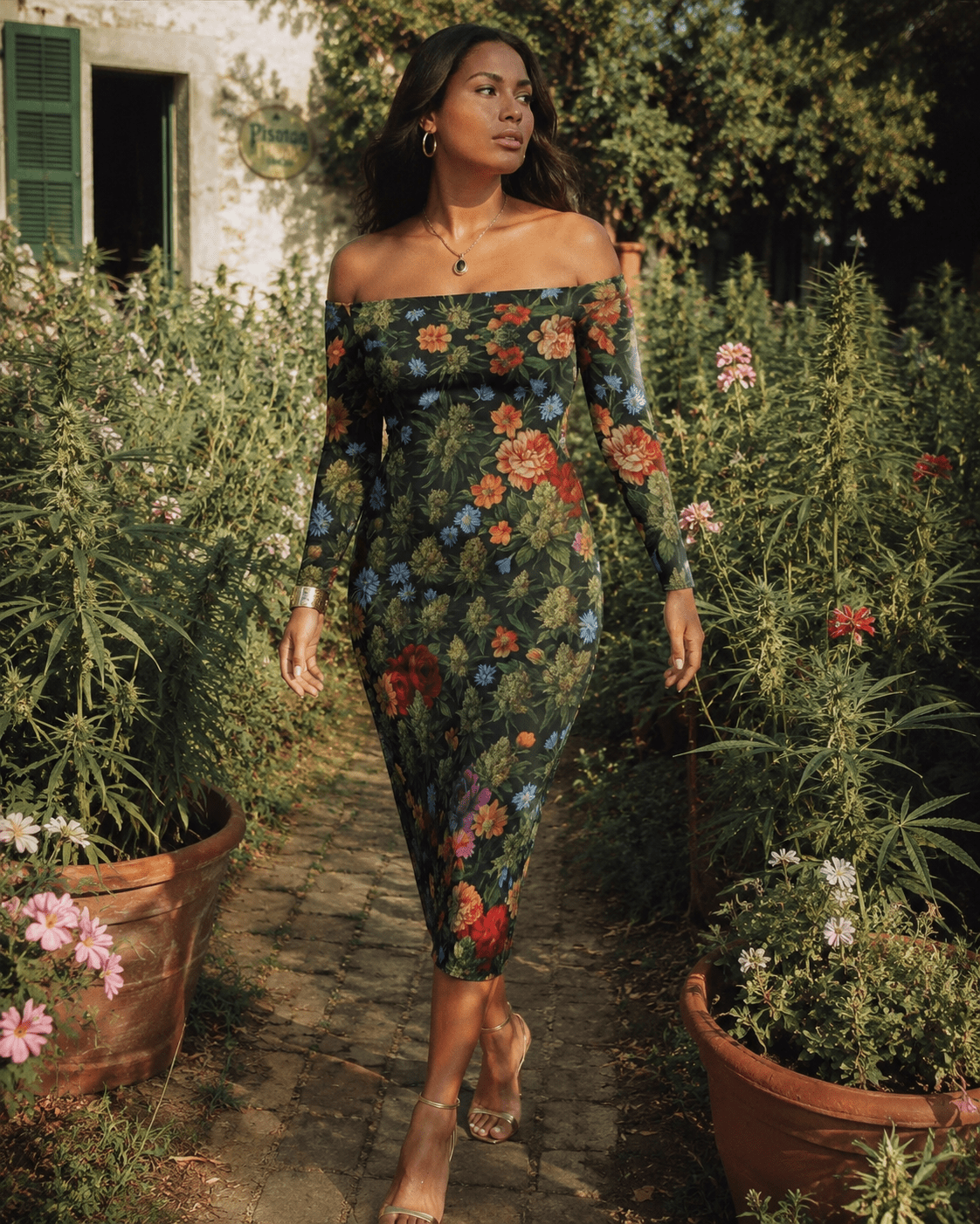 Floral bloom print off-the-shoulder long sleeve dress, back view on model