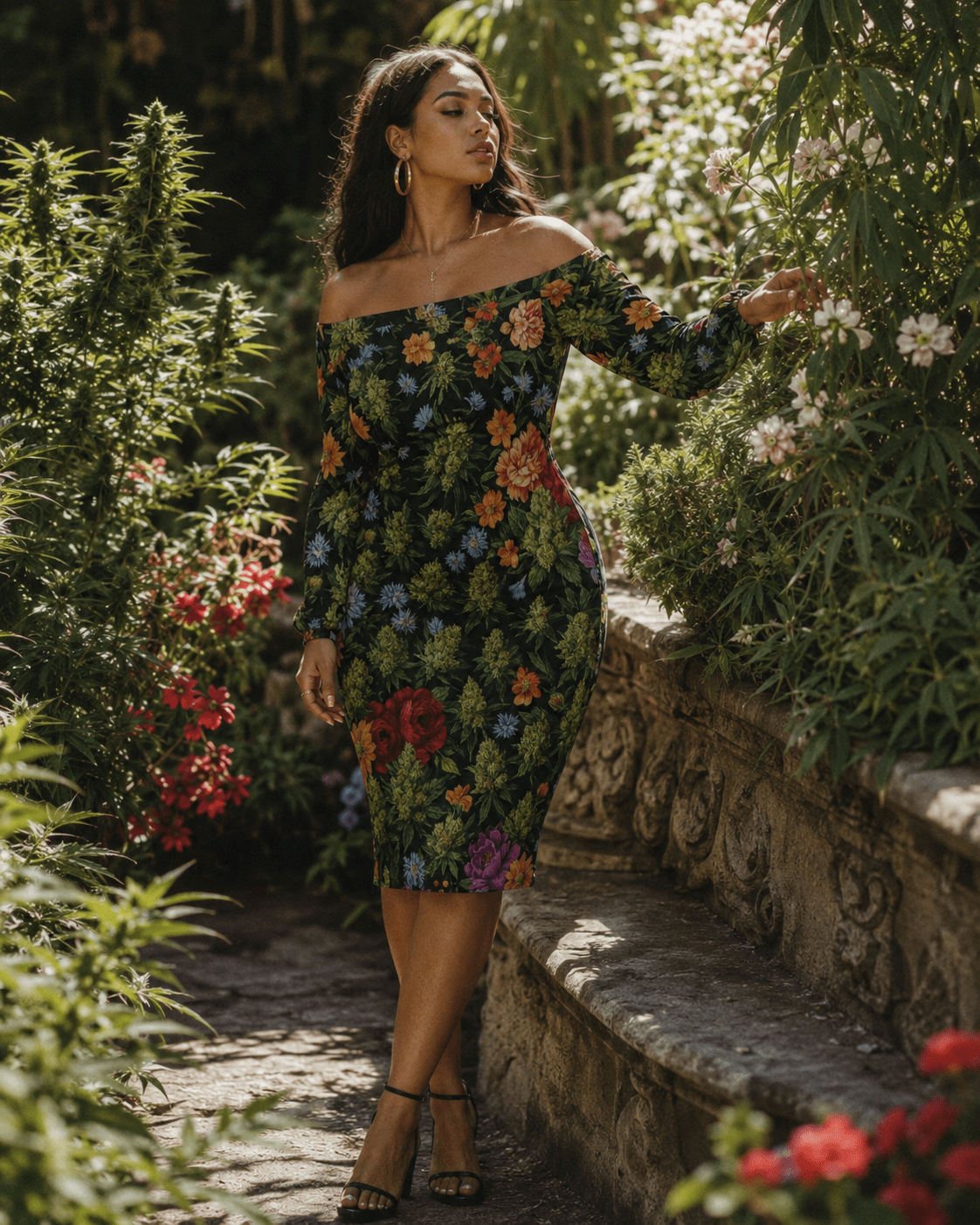 Floral bloom print off-the-shoulder long sleeve dress, three-quarter view on model
