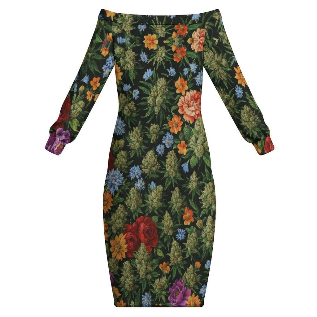 Floral bloom print off-the-shoulder long sleeve dress, back flat lay