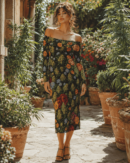 Jane Dope floral bloom print off-the-shoulder long sleeve dress, front view on model