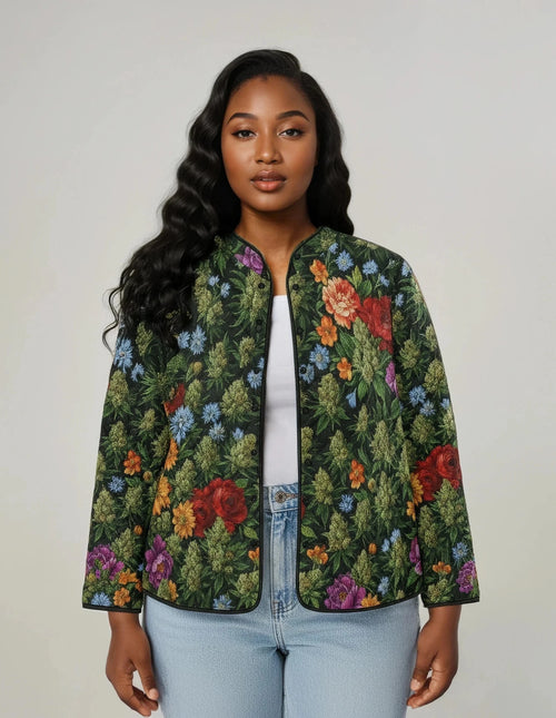 Jane Dope Bloom Quilted Jacket — floral bloom print women's quilted jacket with side slits
