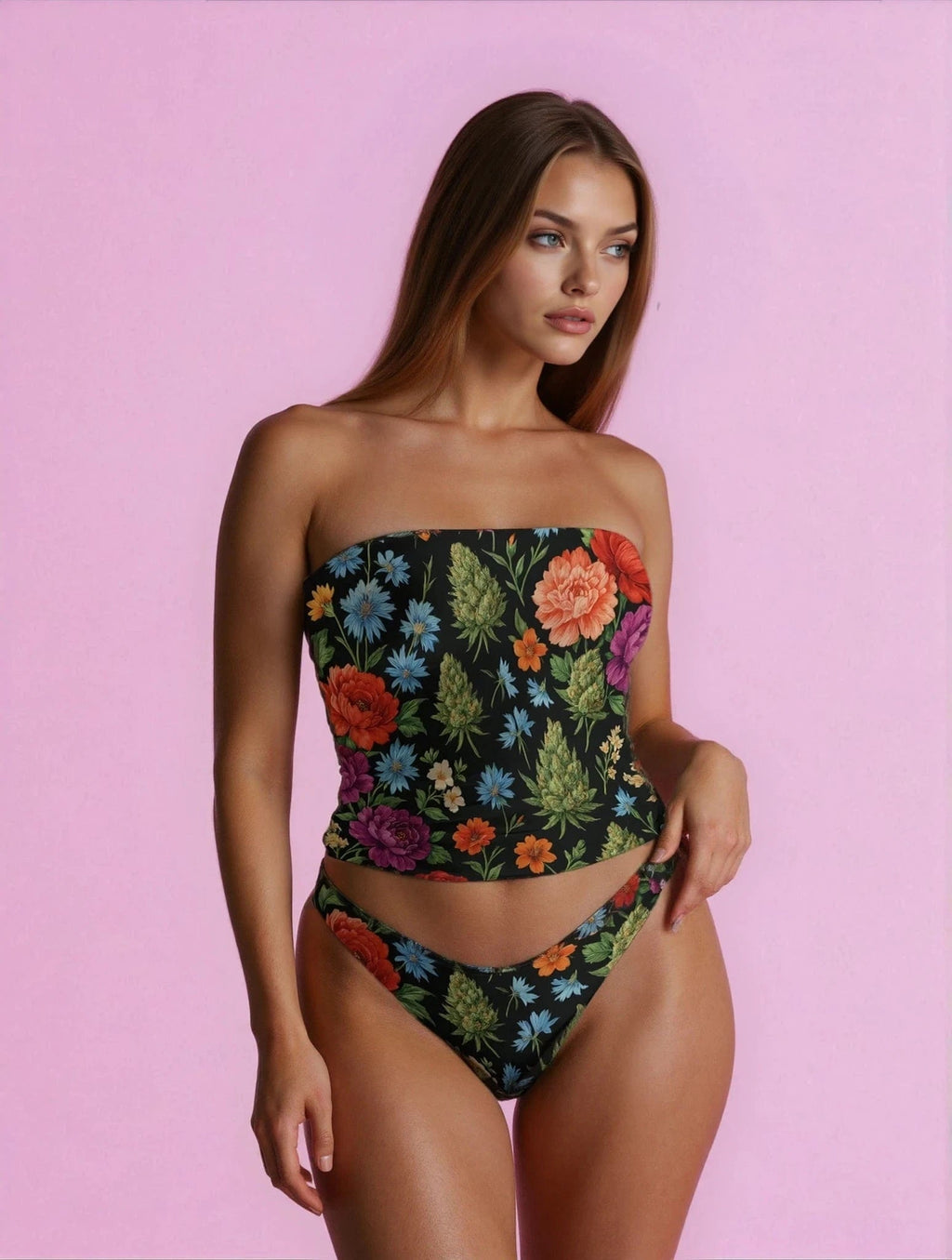 Jane Dope Bloom Tube and Undies Set — floral bloom print strapless tube top and undies matching set