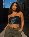 Blue dream floral print bandeau top, three-quarter view on model