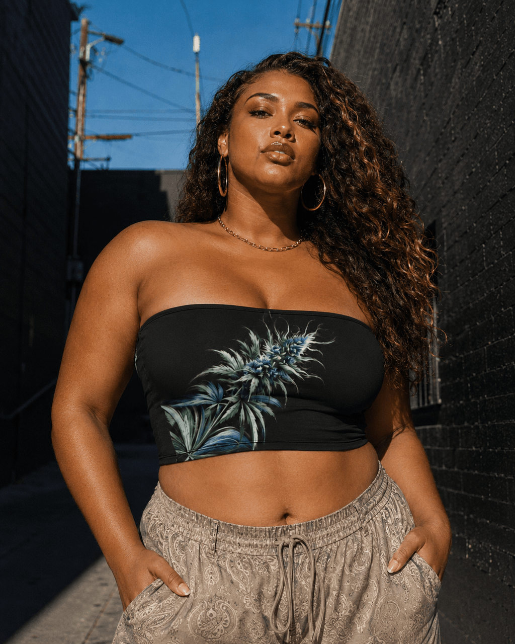 Blue dream floral print bandeau top, lifestyle editorial shot on model