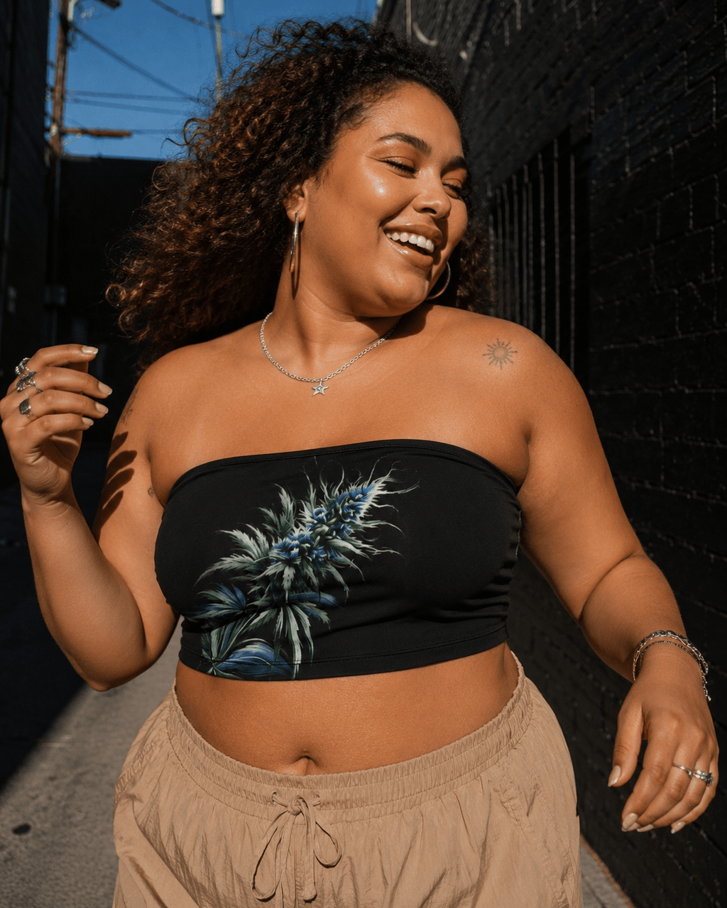 Blue dream floral print bandeau top, close-up showing print and fabric detail