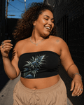 Blue dream floral print bandeau top, close-up showing print and fabric detail