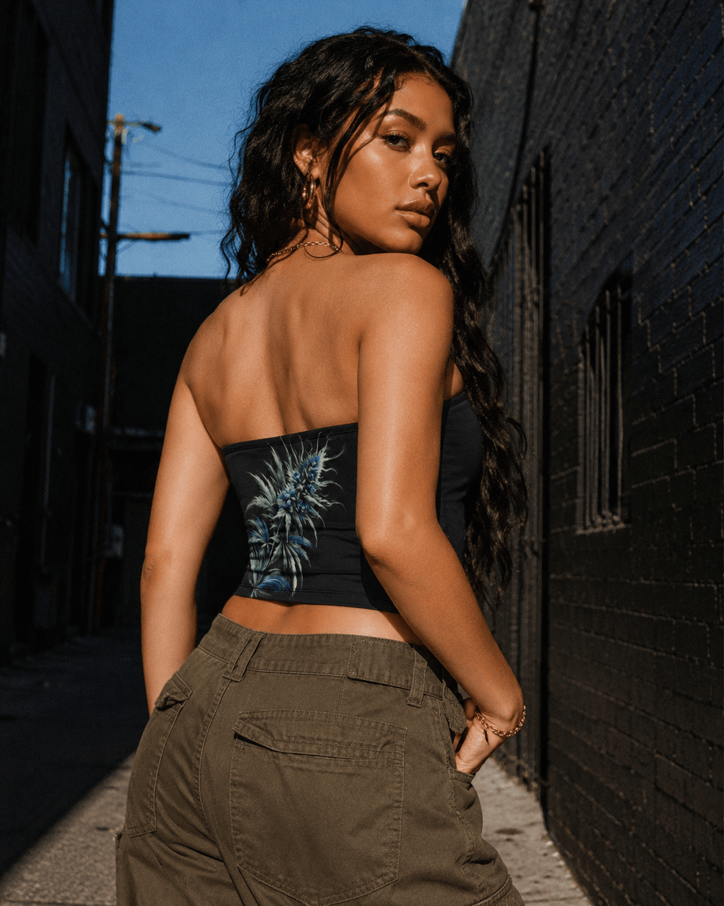Blue dream floral print bandeau top, back view on model