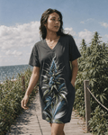 Blue floral print pocket tee dress, lifestyle editorial shot on model