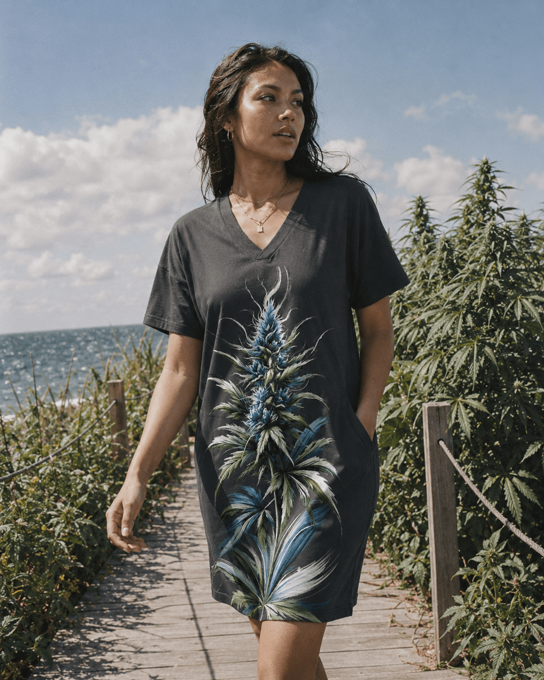 Blue floral print pocket tee dress, lifestyle editorial shot on model