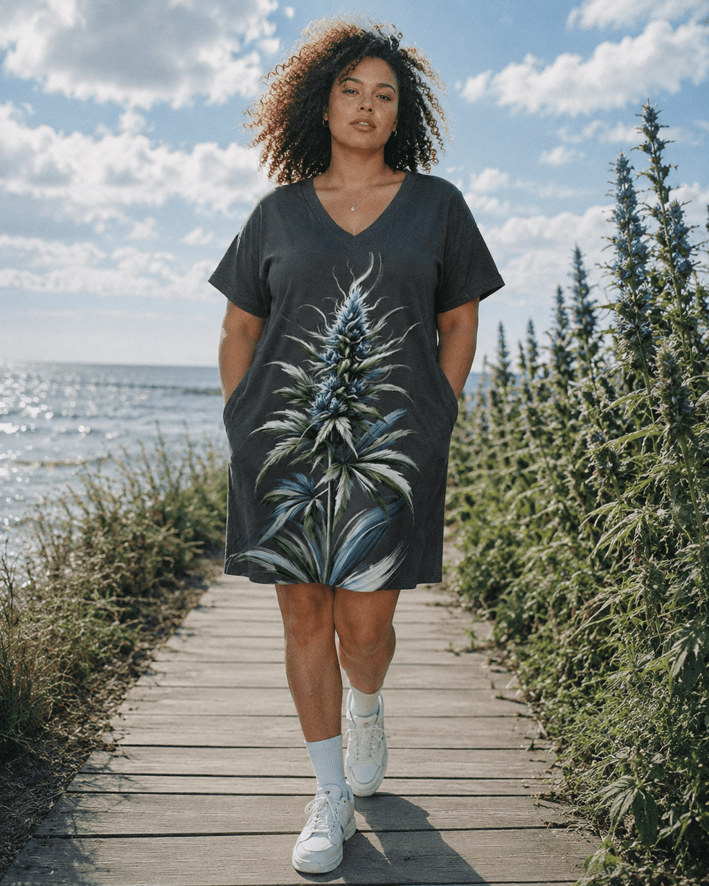 Blue floral print pocket tee dress, three-quarter view on model