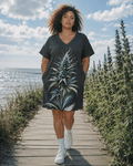 Blue floral print pocket tee dress, three-quarter view on model