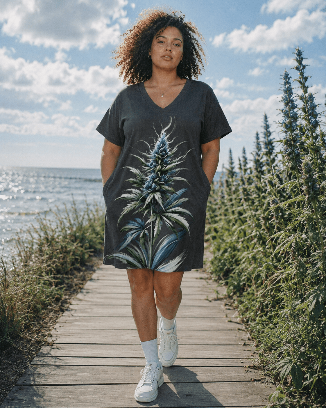 Blue floral print pocket tee dress, three-quarter view on model