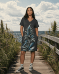 Blue floral print pocket tee dress, full length view on model outdoors