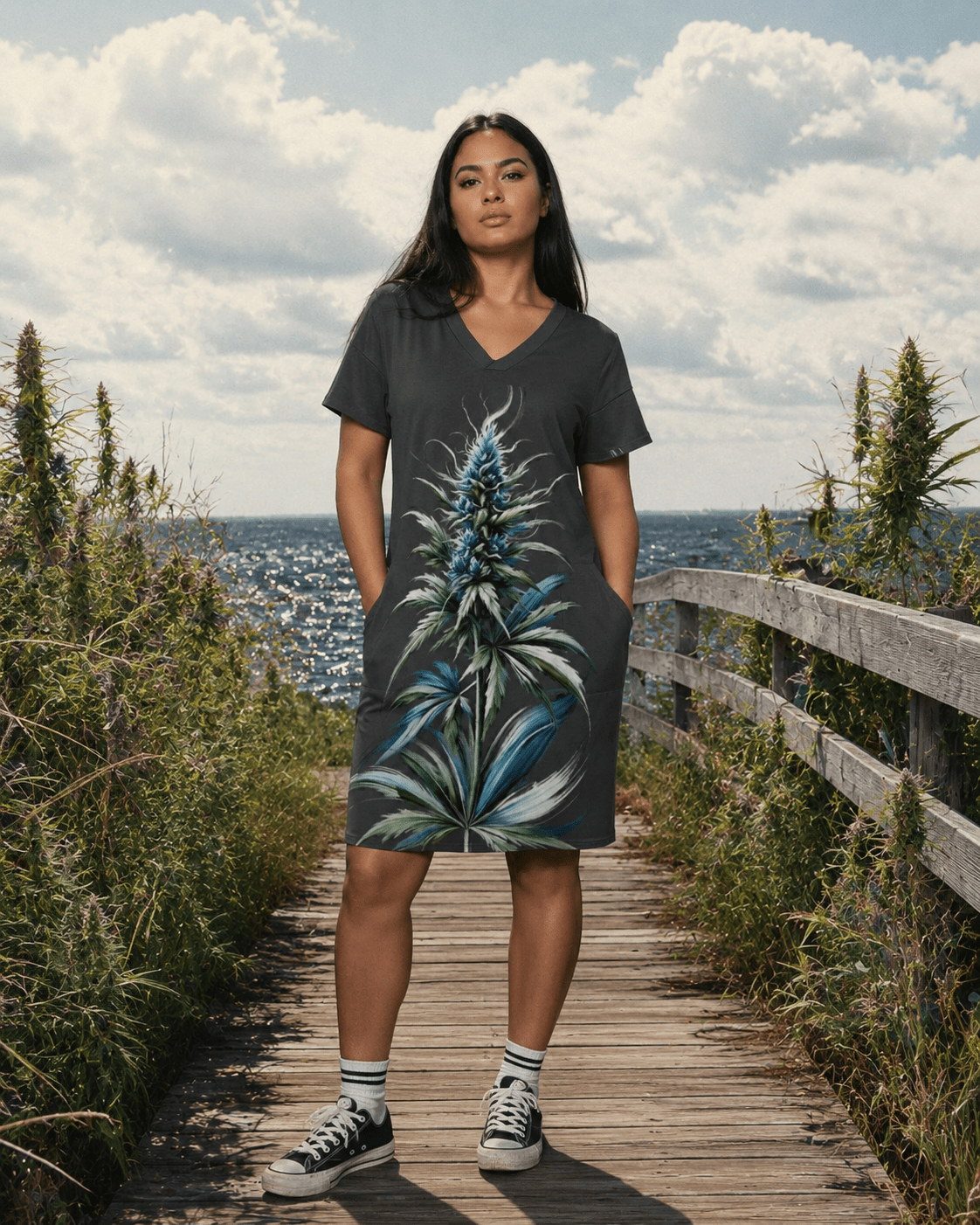 Blue floral print pocket tee dress, full length view on model outdoors