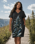 Blue floral print pocket tee dress, walking shot showing hem movement