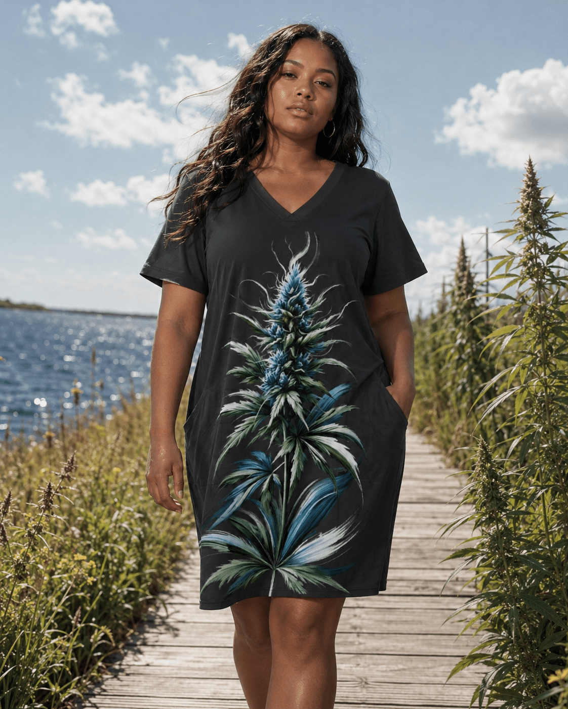 Blue floral print pocket tee dress, walking shot showing hem movement