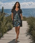 Blue floral print pocket tee dress, side view on model showing silhouette