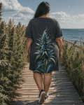 Blue floral print pocket tee dress, full length view on model