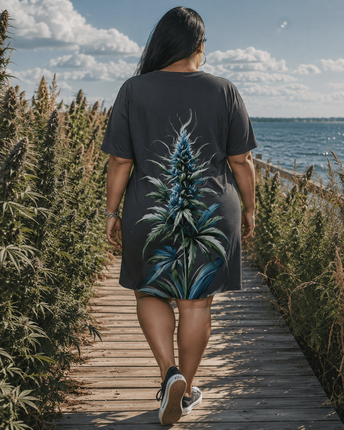 Blue floral print pocket tee dress, full length view on model
