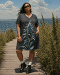 Jane Dope blue floral print midi tee dress with side pockets, front view on model