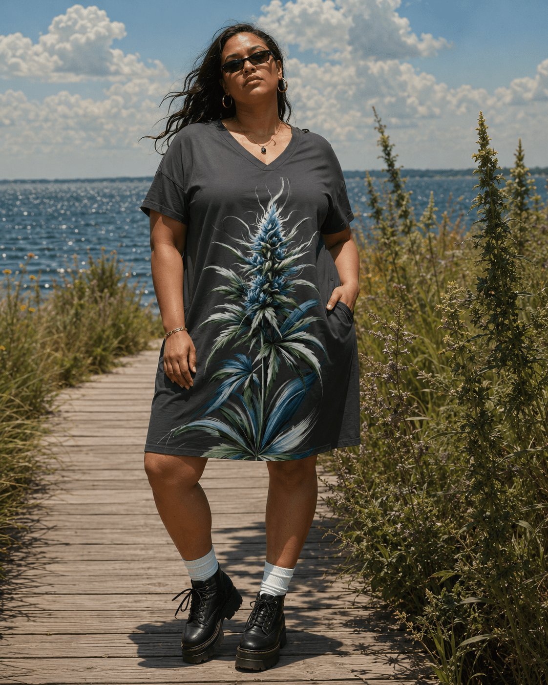 Jane Dope blue floral print midi tee dress with side pockets, front view on model