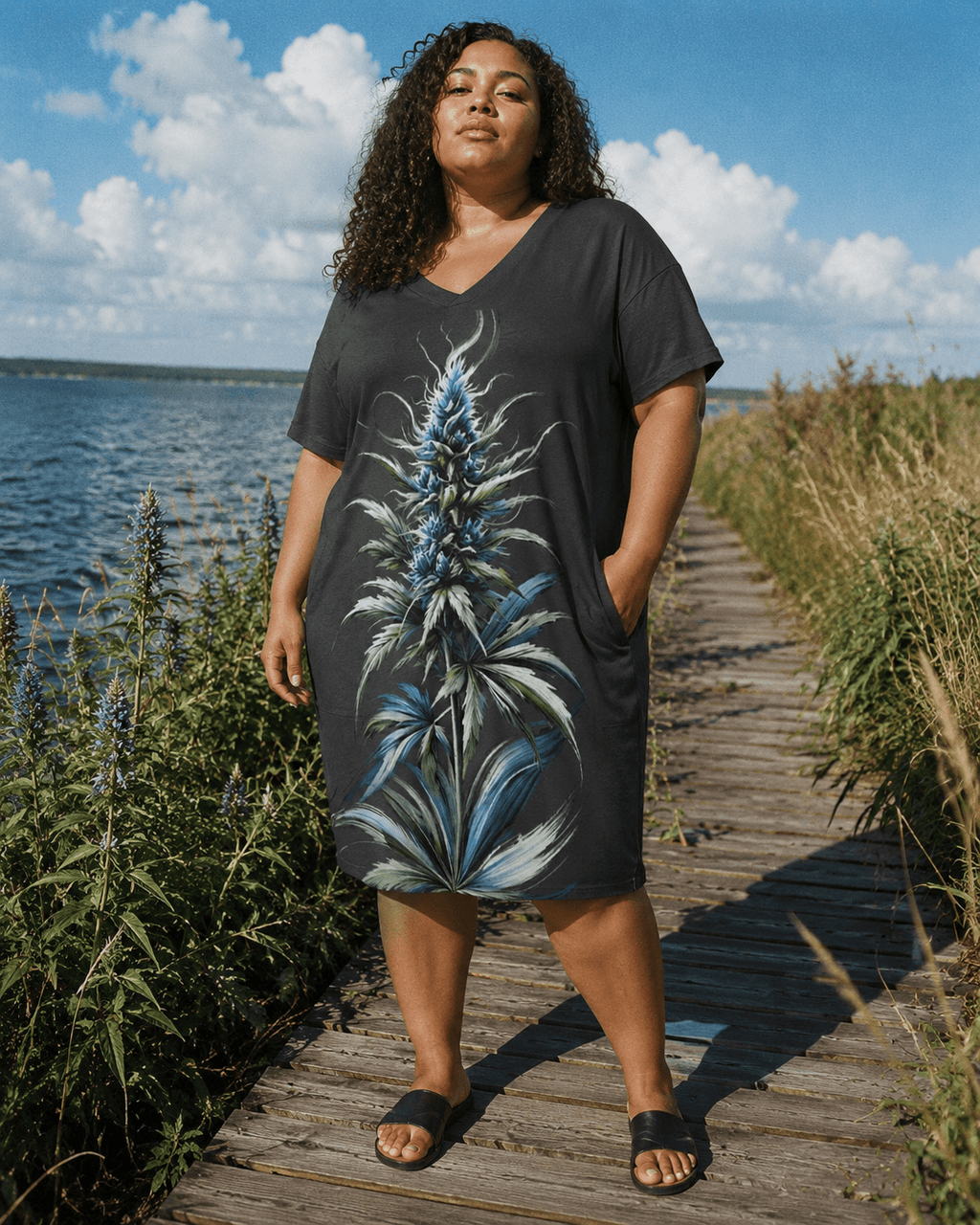 Blue floral print pocket tee dress, seated lifestyle shot on model