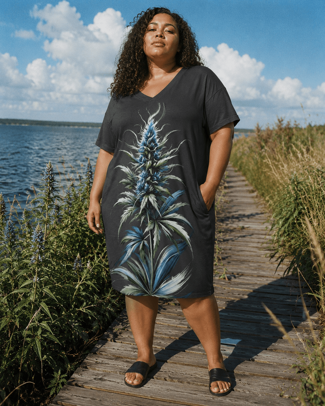 Blue floral print pocket tee dress, seated lifestyle shot on model