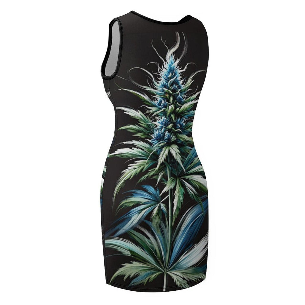 Blue floral print sleeveless tank dress, neckline detail close-up