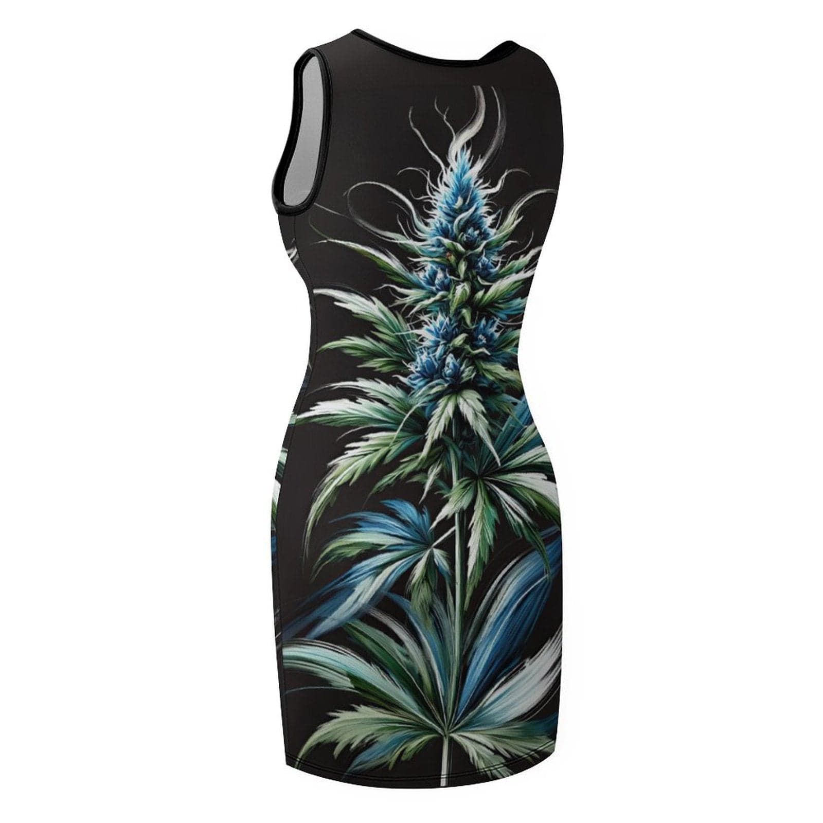 Blue floral print sleeveless tank dress, neckline detail close-up