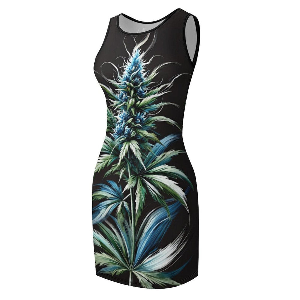 Blue floral print sleeveless tank dress, back flat lay