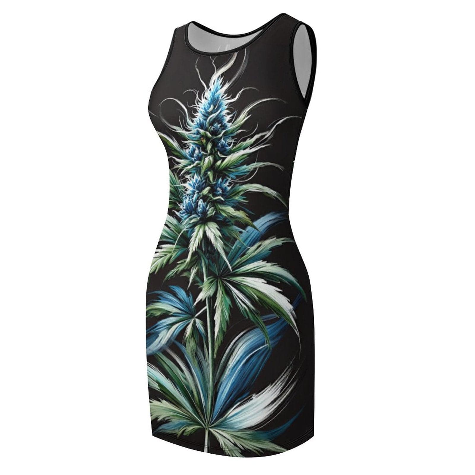 Blue floral print sleeveless tank dress, back flat lay
