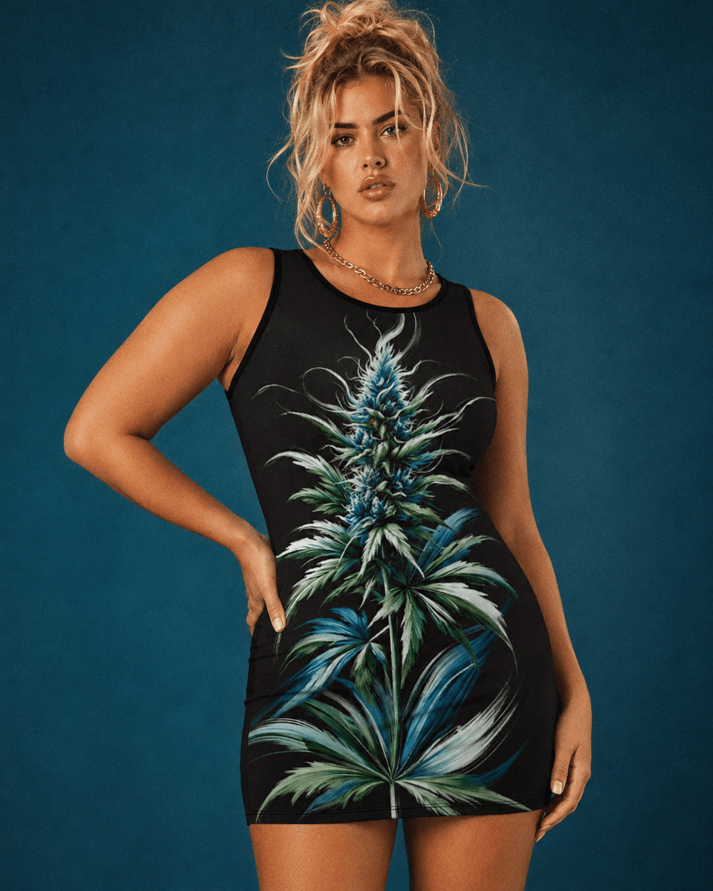 Blue floral print sleeveless tank dress, side view on model