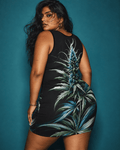 Blue floral print sleeveless tank dress, lifestyle editorial shot on model