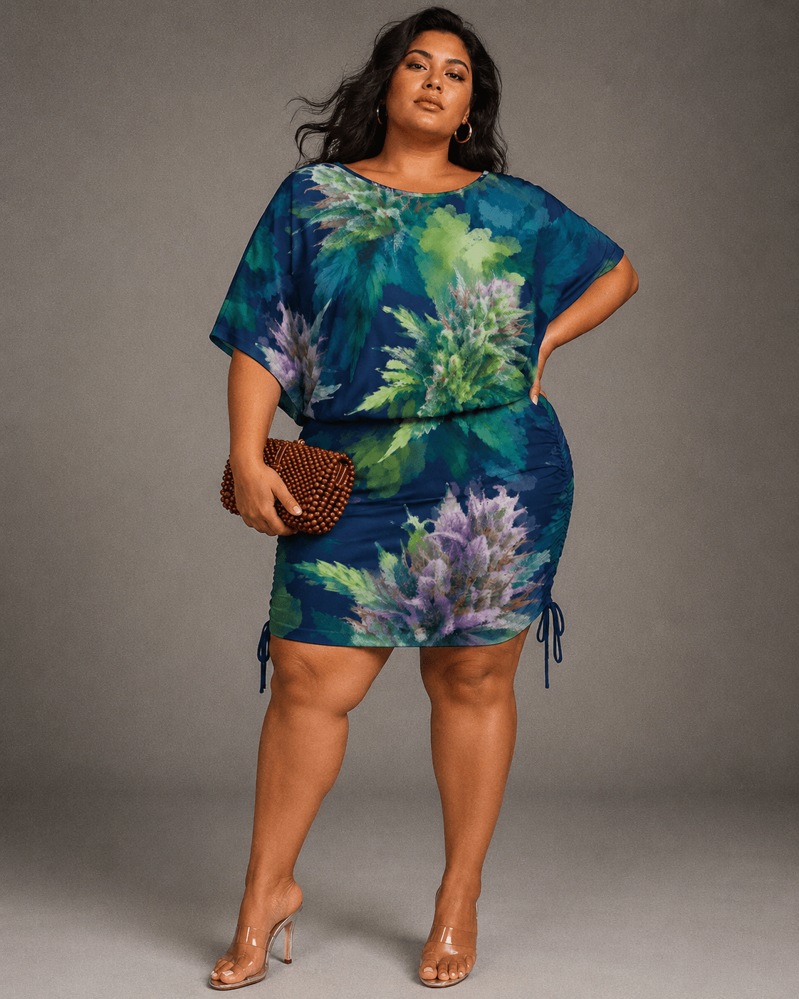Jane Dope blue razz print batwing sleeve oversized dress, front view on model