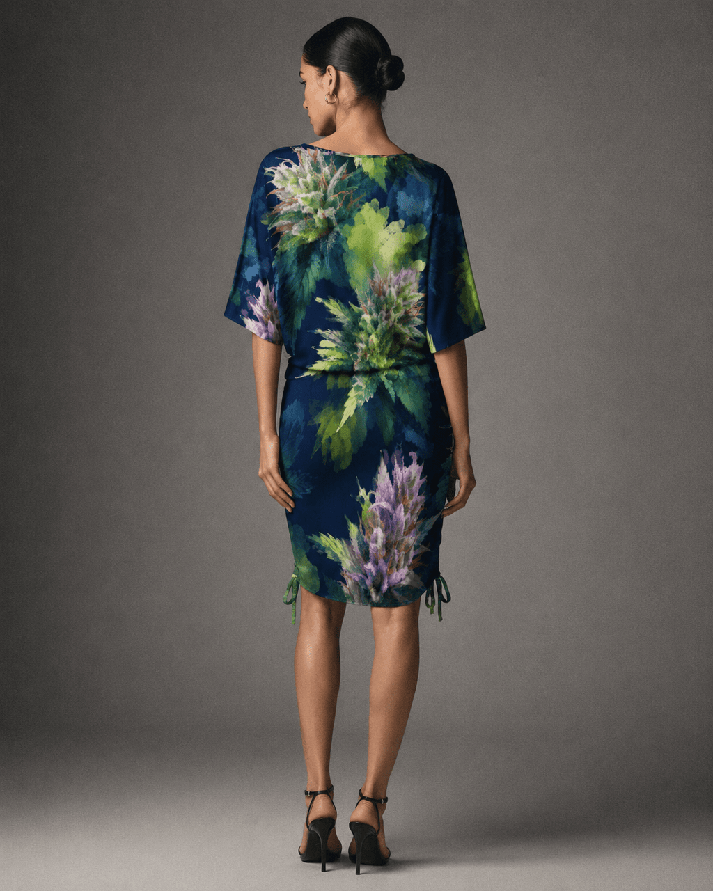 Blue razz print batwing sleeve dress, back view on model