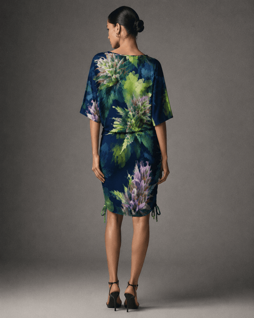Blue razz print batwing sleeve dress, back view on model