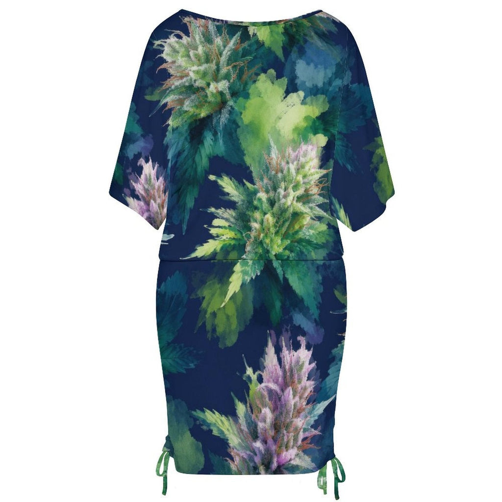 Blue razz print batwing sleeve dress, flat lay showing batwing silhouette
