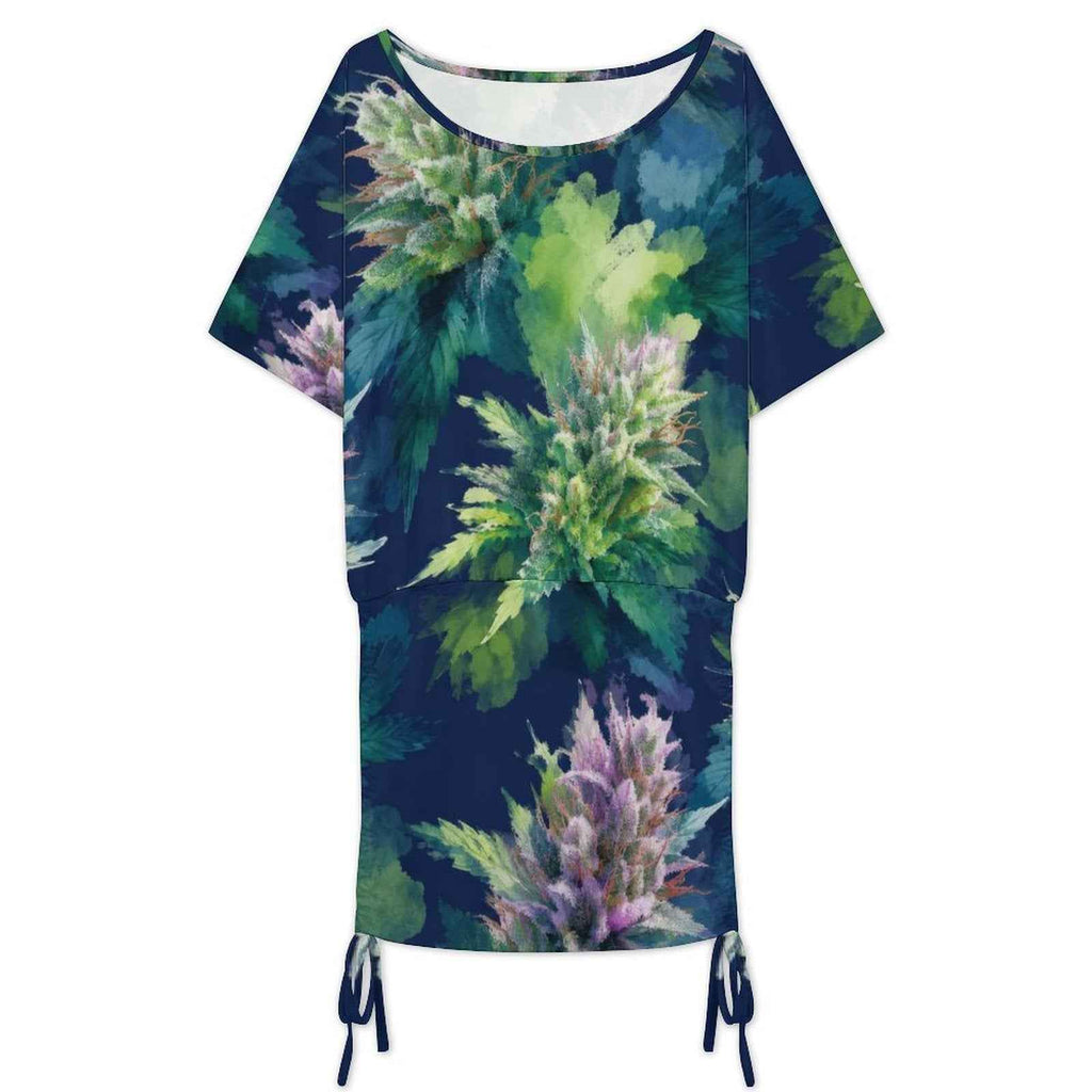 Blue razz print batwing sleeve dress, full length front view on model