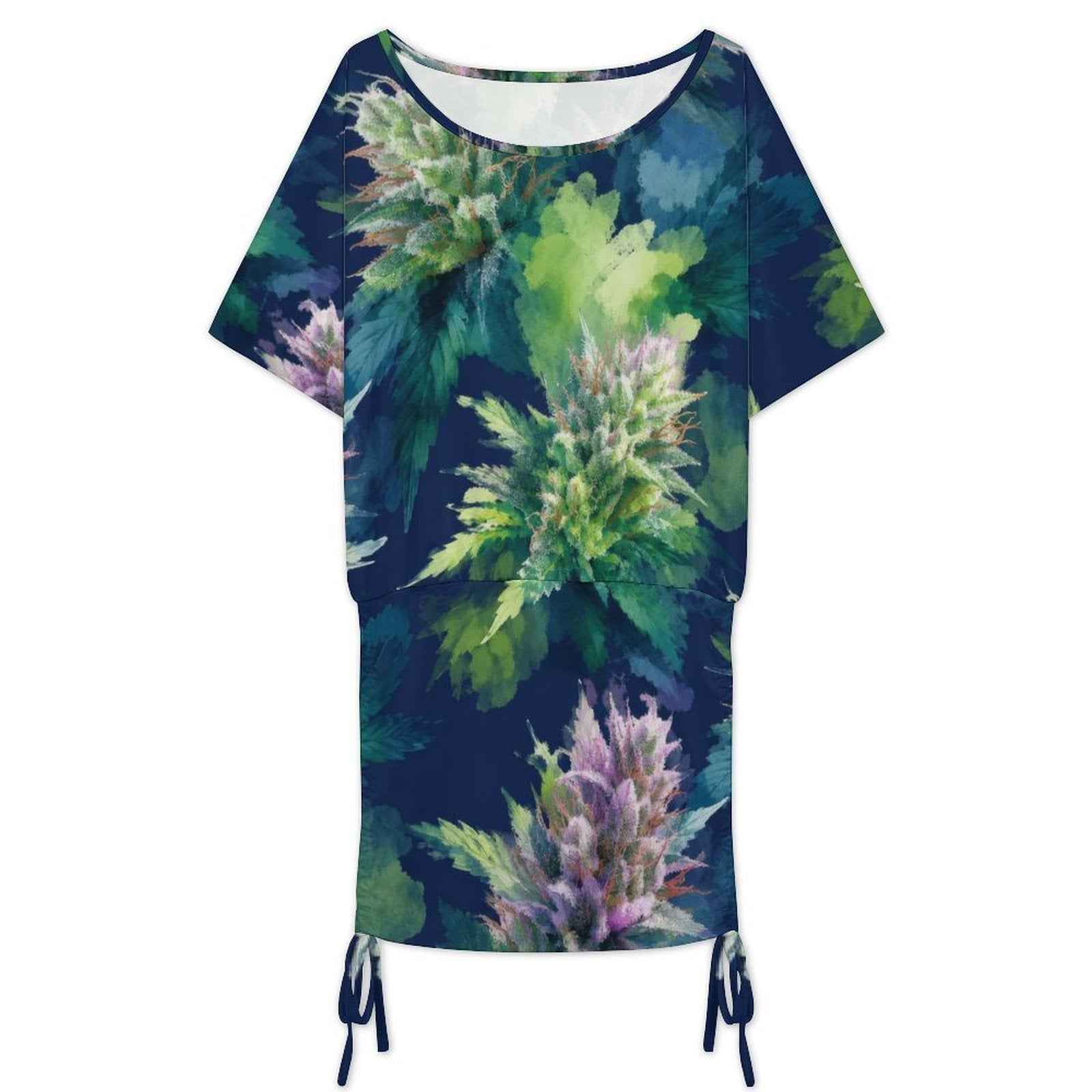 Blue razz print batwing sleeve dress, full length front view on model