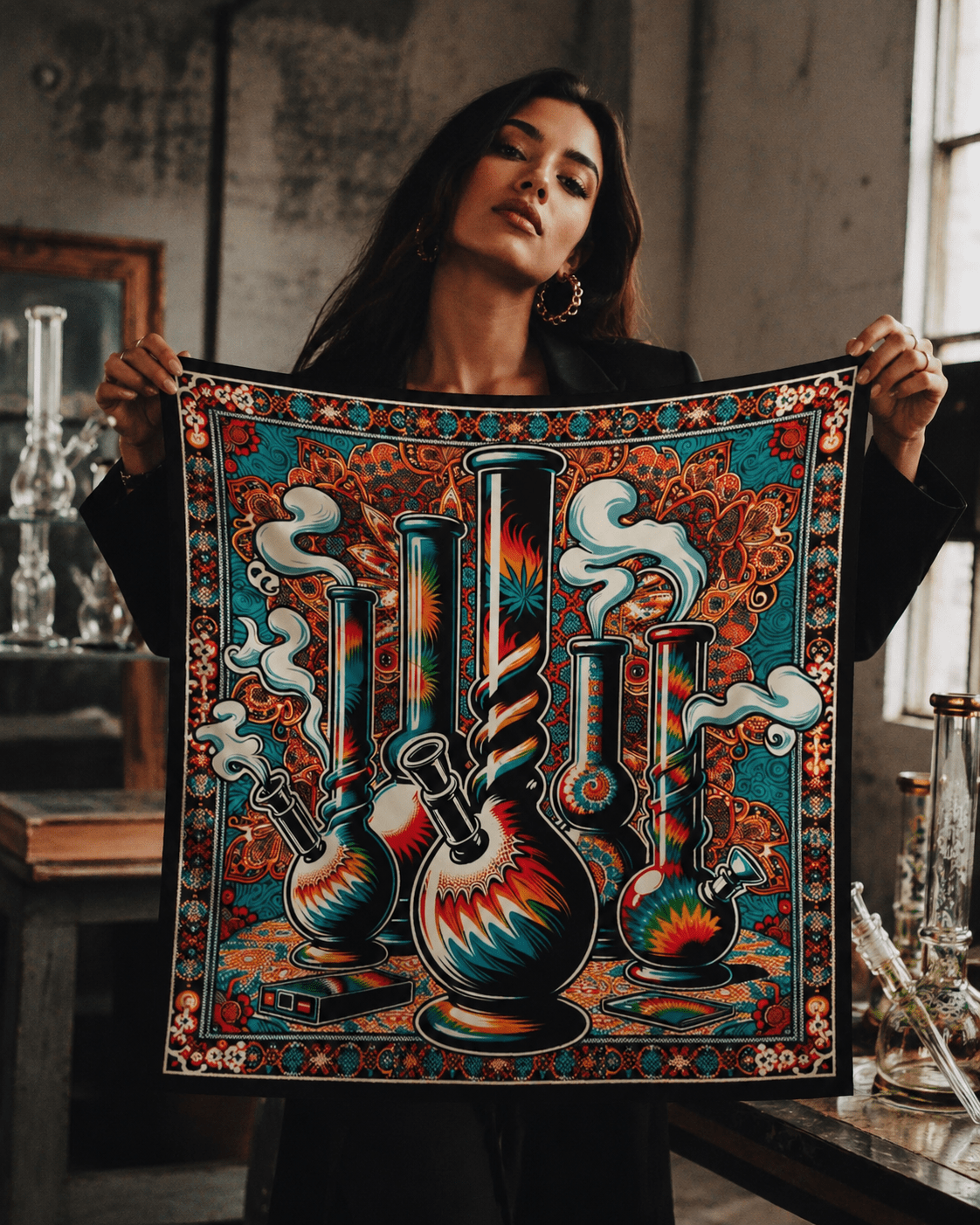 Bong graphic print silky scarf, draped on model