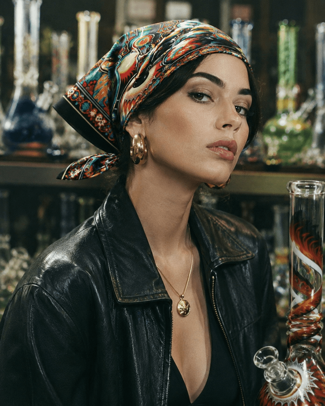 Bong graphic print scarf, styled as headscarf on model