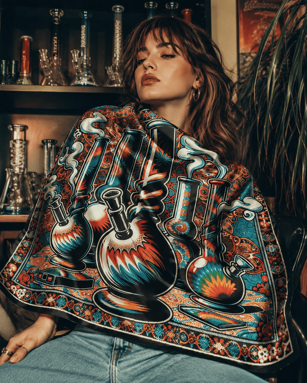 Bong graphic print scarf, tied as neckerchief on model