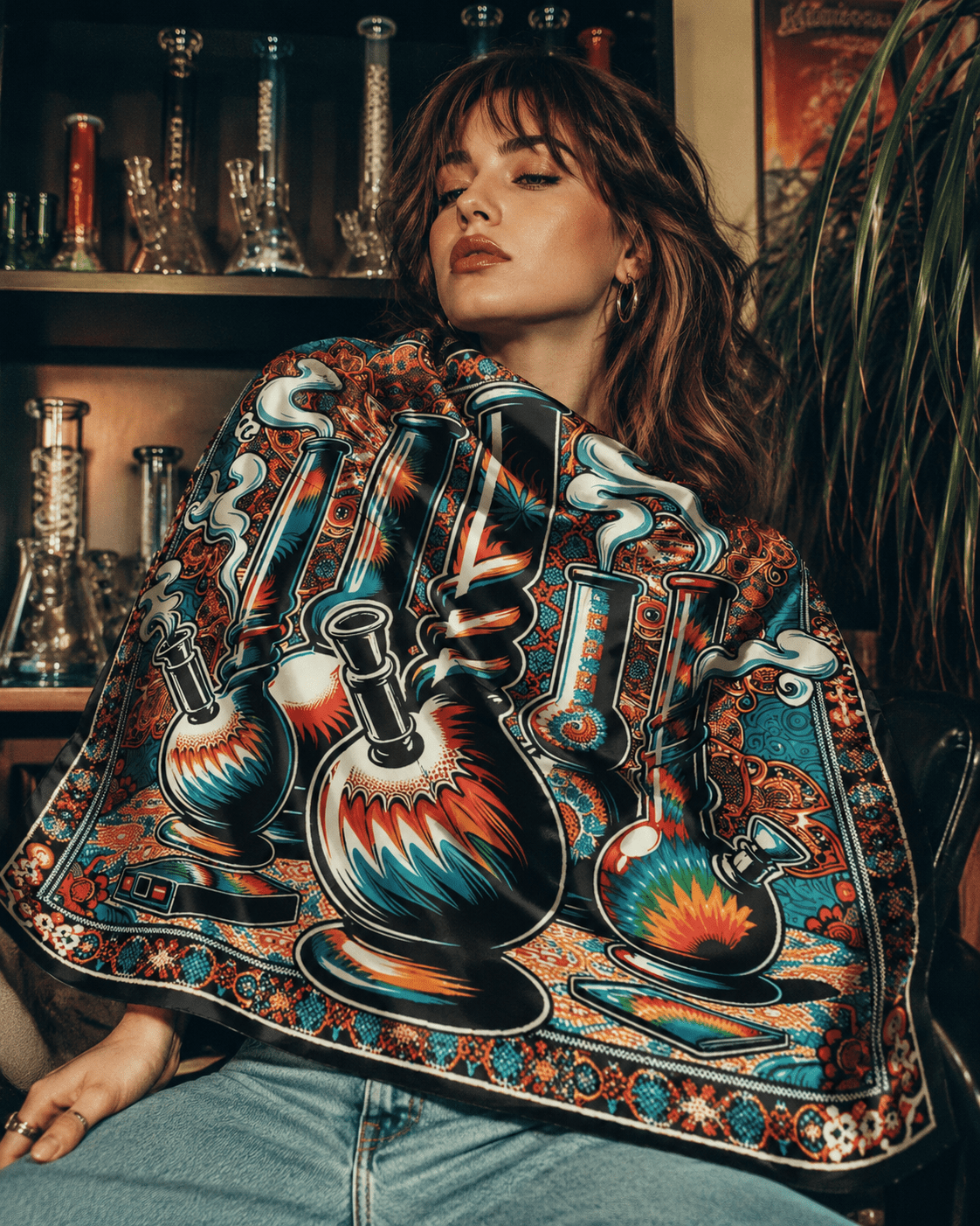 Bong graphic print scarf, tied as neckerchief on model