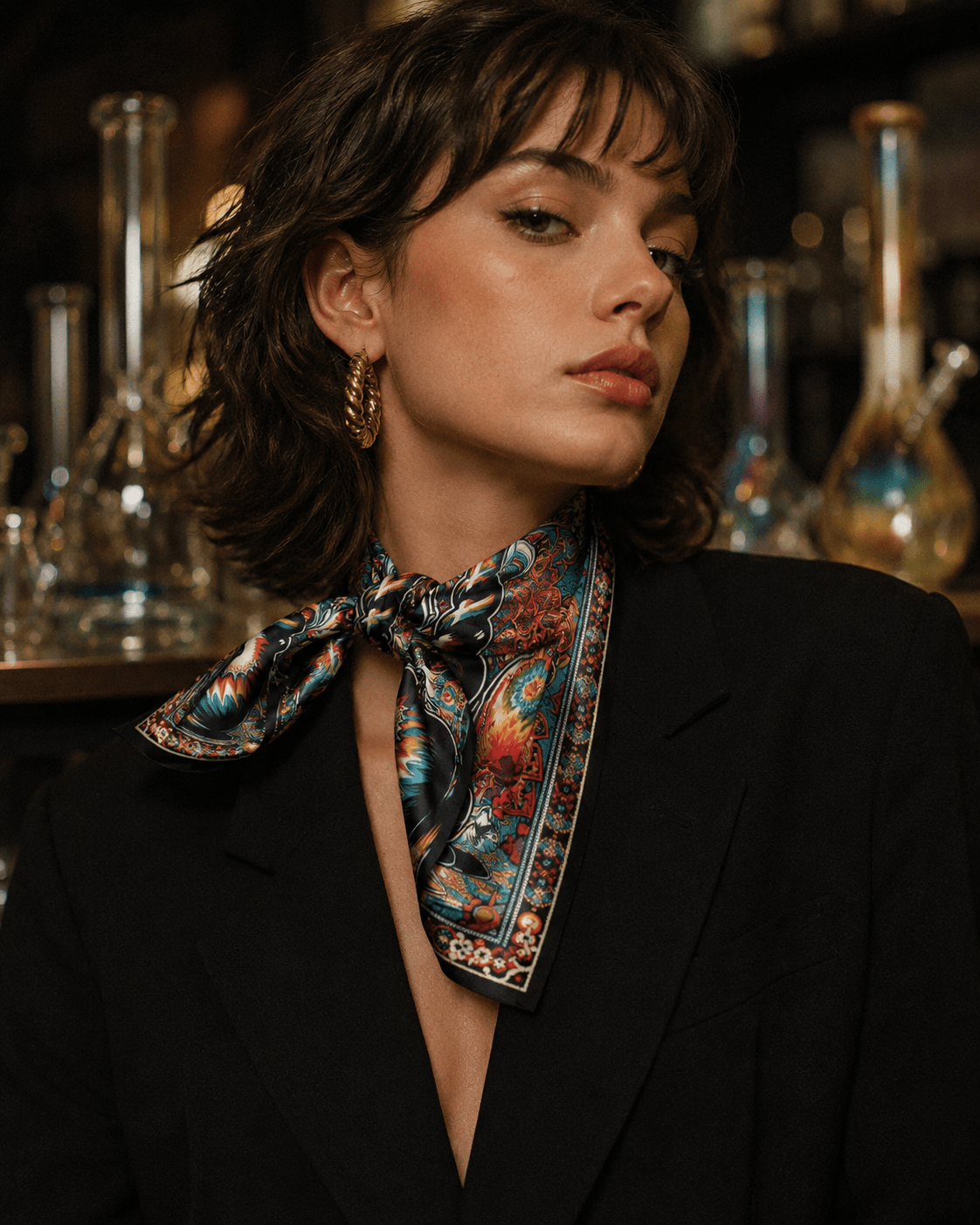 Bong graphic print scarf, lifestyle editorial shot on model