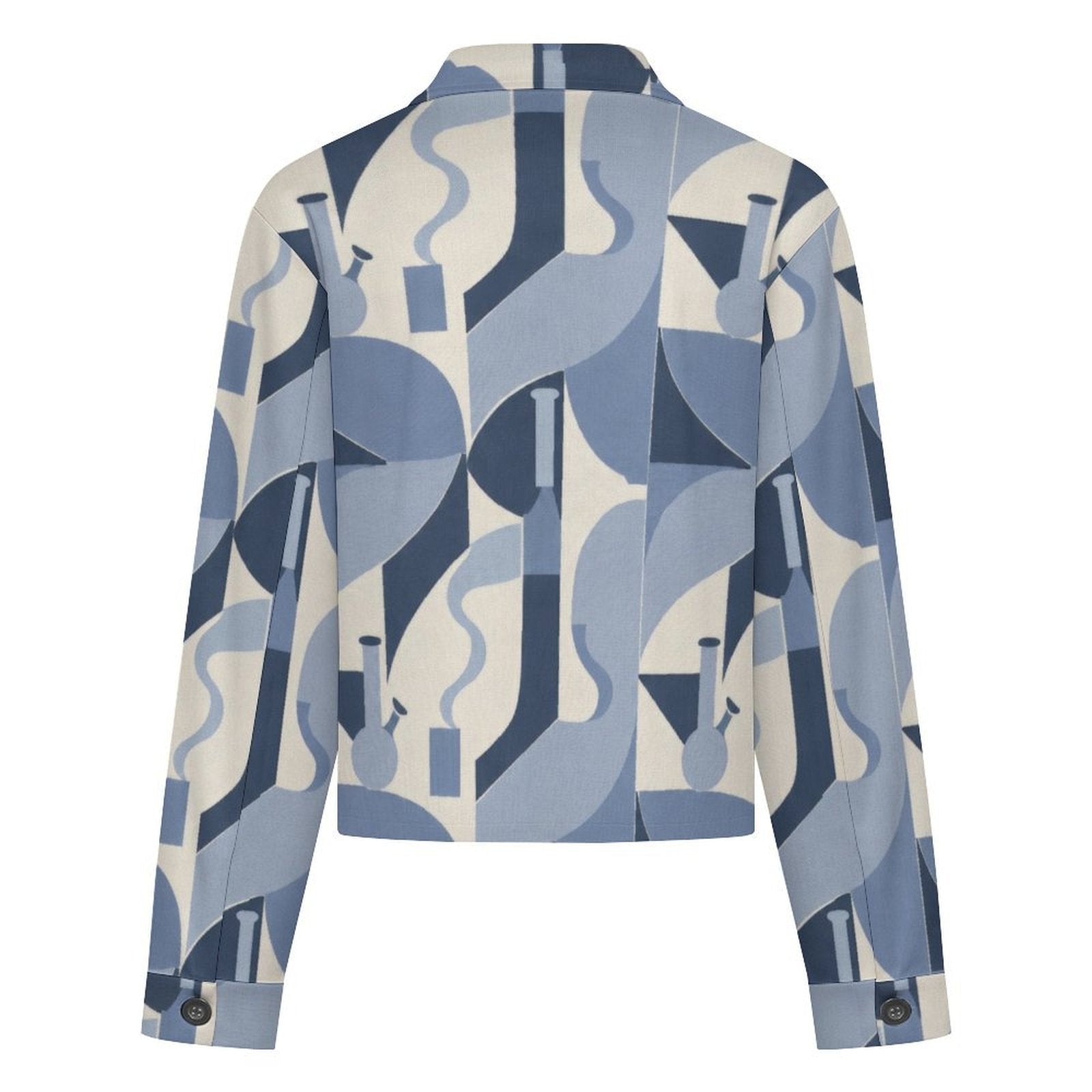 A long-sleeve cropped blazer with a geometric abstract pattern in shades of blue and cream, featuring stylized shapes resembling smoking pipes and bottles.