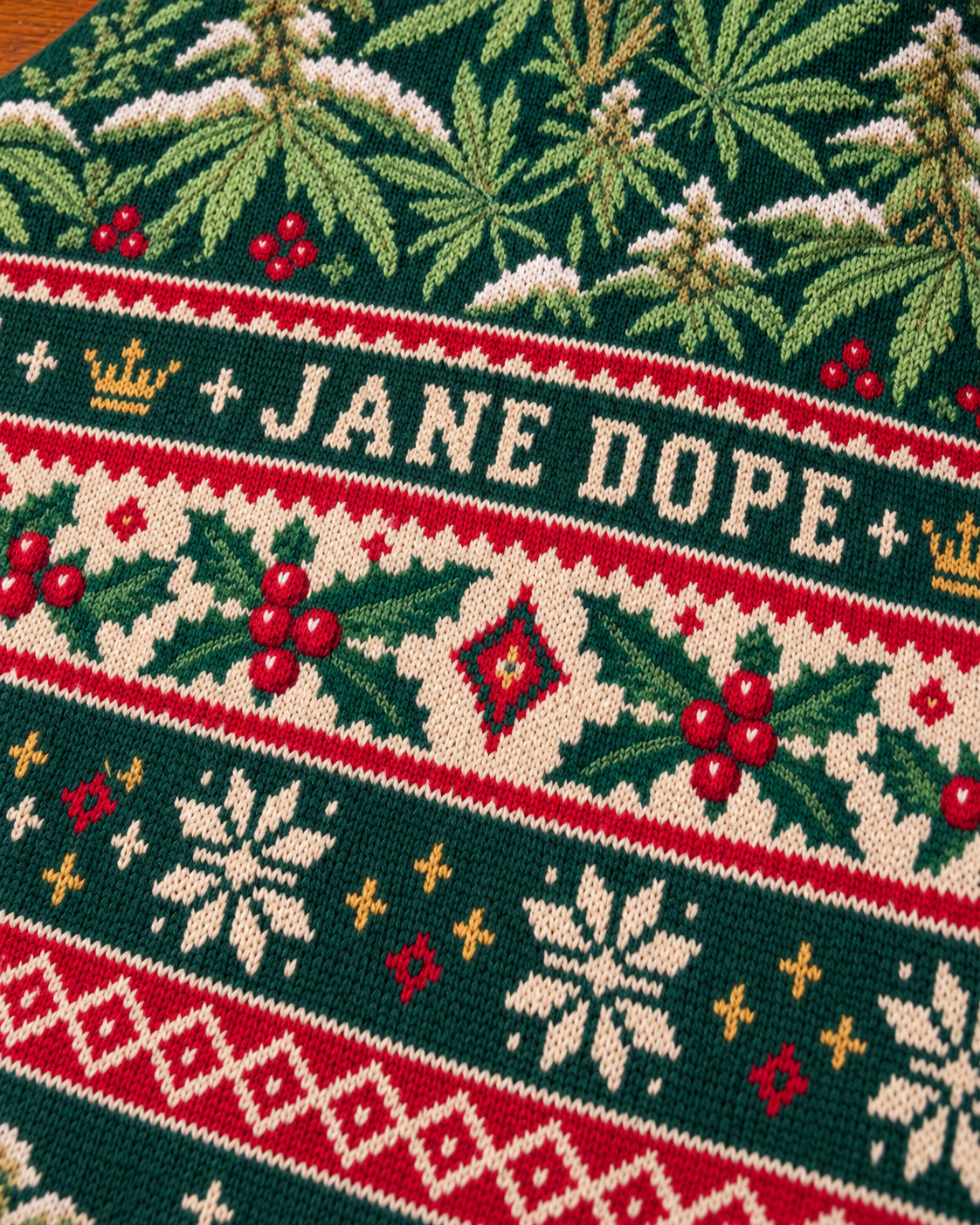 Close-up of knit-textured polyester and the Jane Dope, holly and snowflake print bands