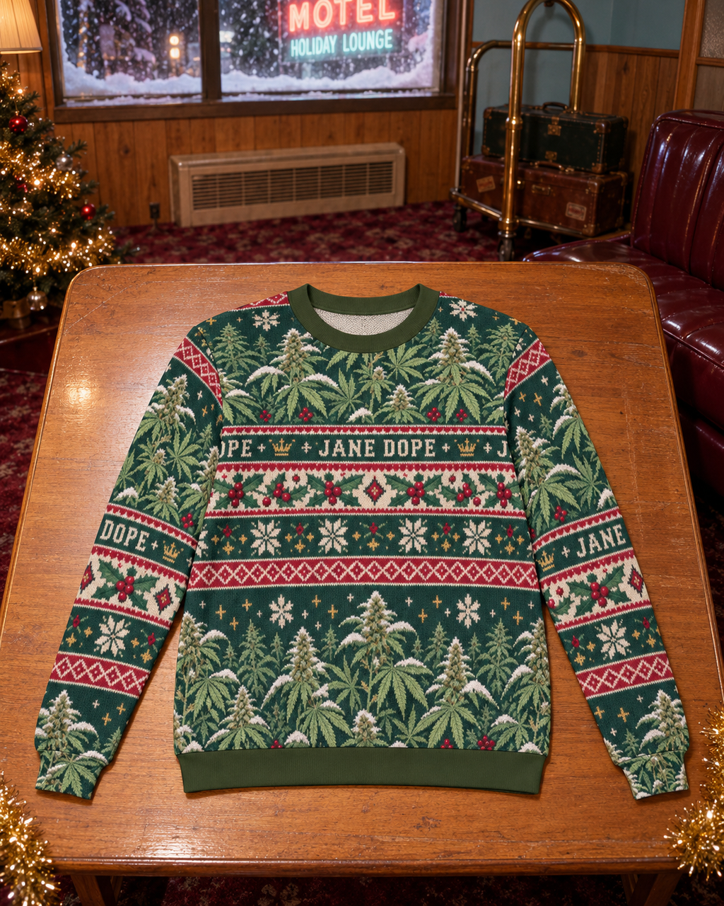 Full front of forest-green holiday sweater with snowy Herb plants, holly and cream snowflakes