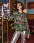 Forest-green botanical holiday women's sweater, size S fit illustration