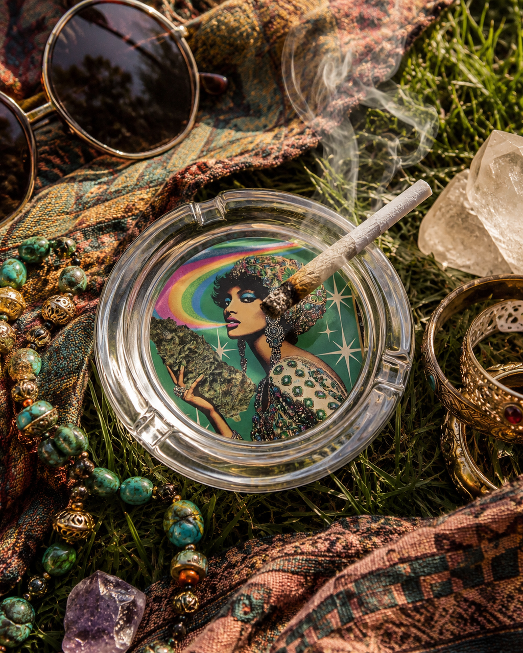 Bud-shaped glass ashtray, lifestyle shot on side table